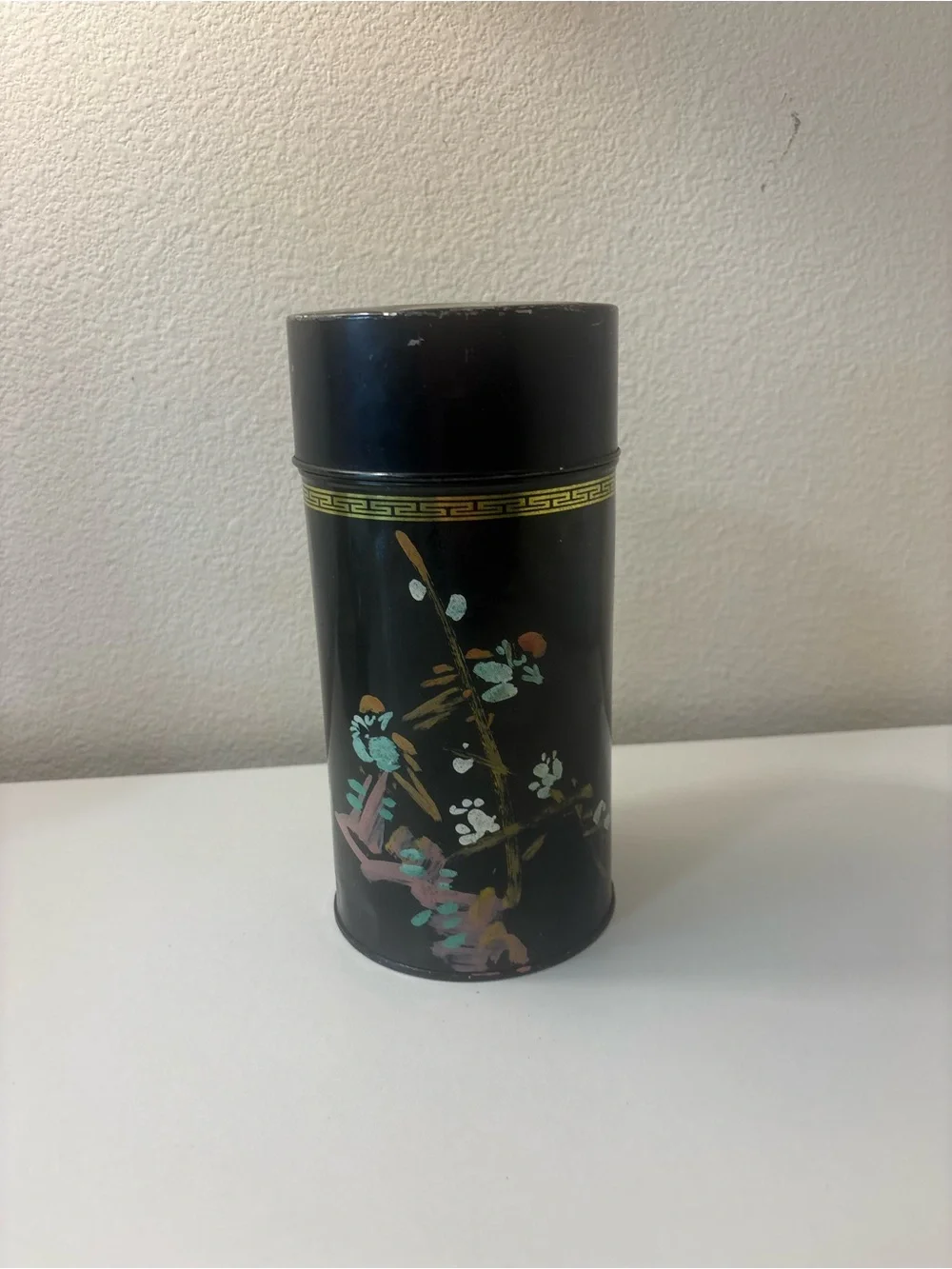 Vintage Taiwanese Tea Tin 1949-52 Black Gold Chinoiserie Can